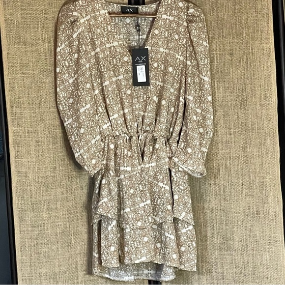 NWT! AX Paris mini smock dress plunge front camel chain print 12 dance party - Picture 5 of 9